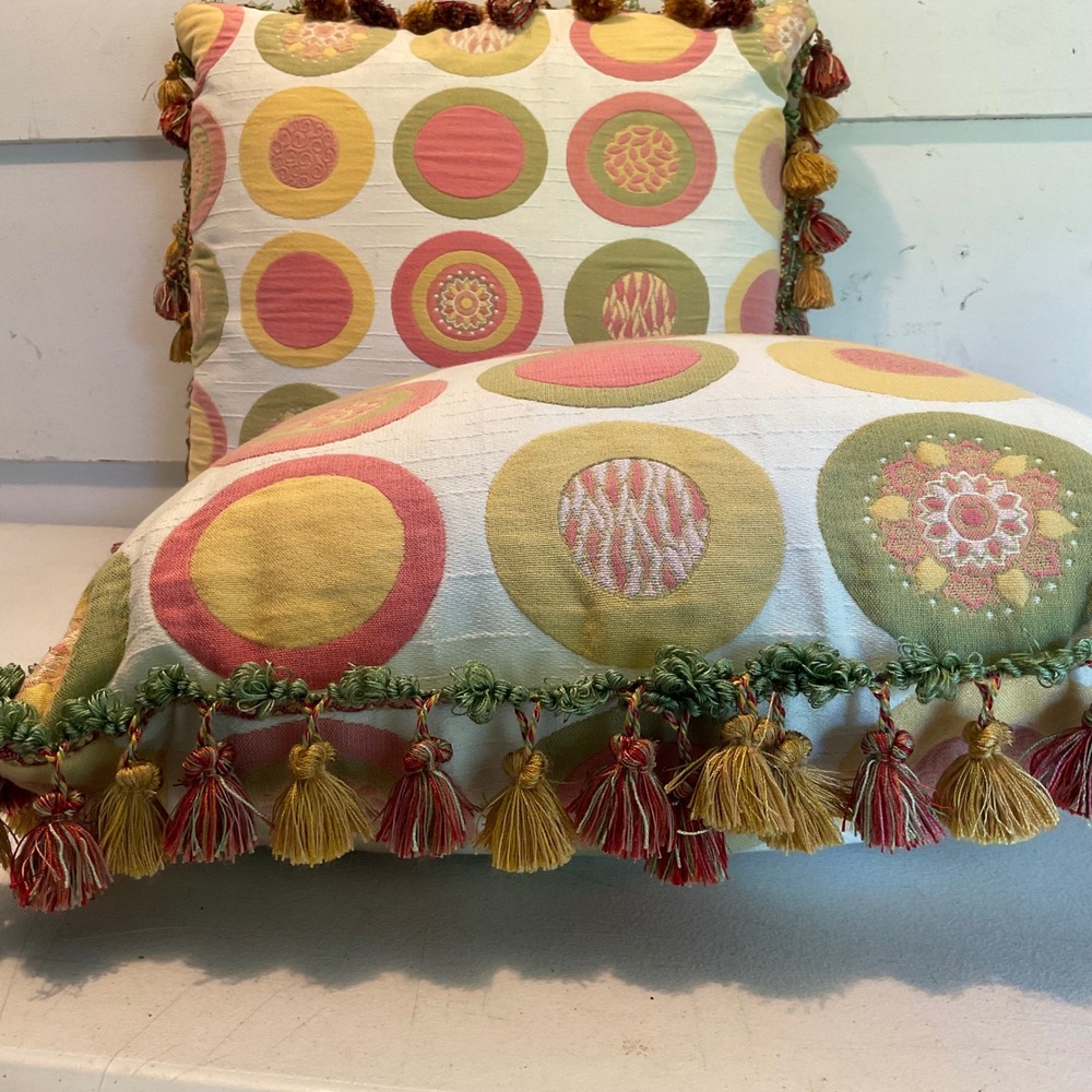 Boho Geometric Goose Feather Throw Pillows Tassel Fringe Boho 18x18 set of 2